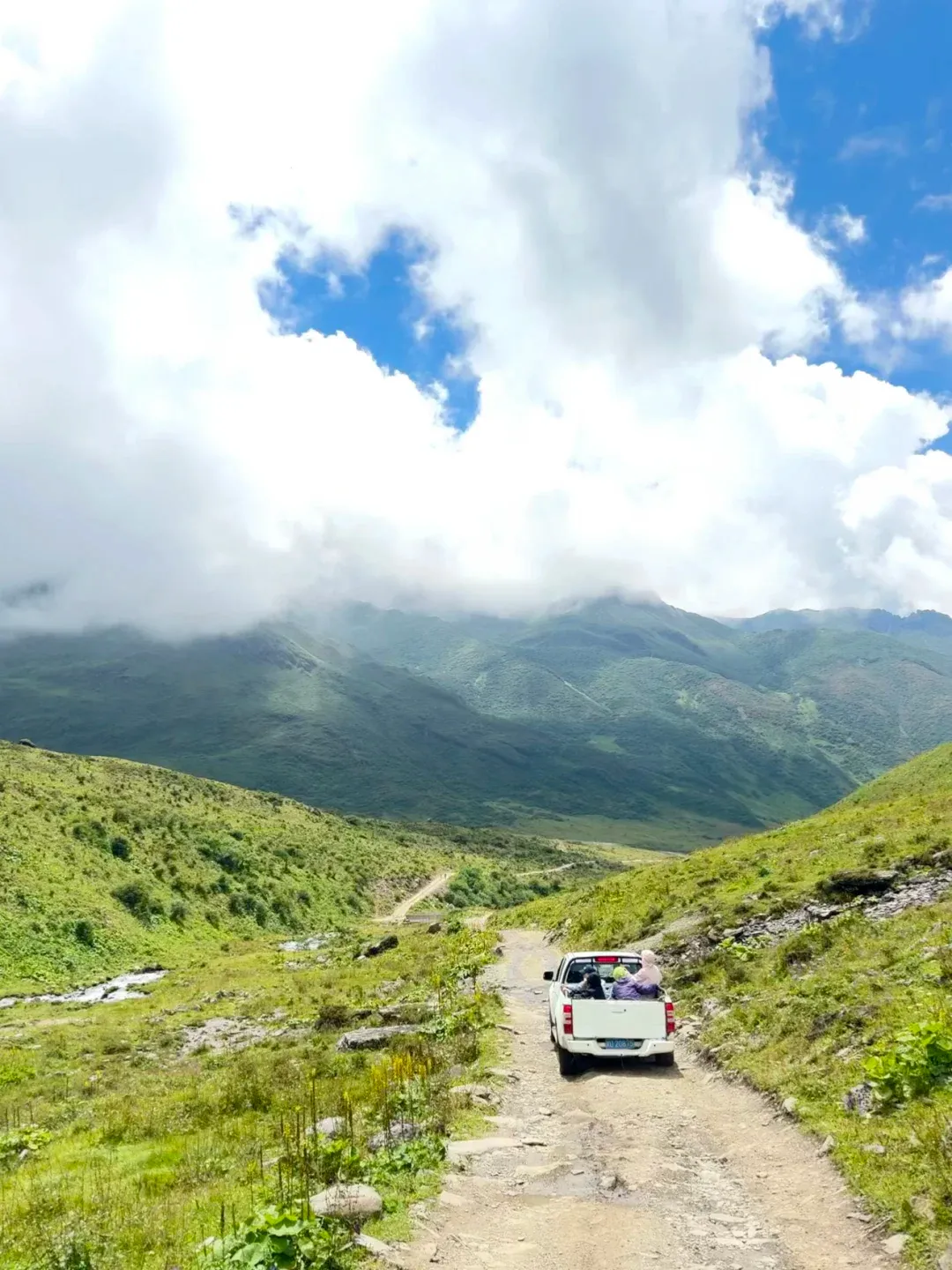 A white pickup truck carrying passengers in its bed along a gravel road winding through flower-covered slopes