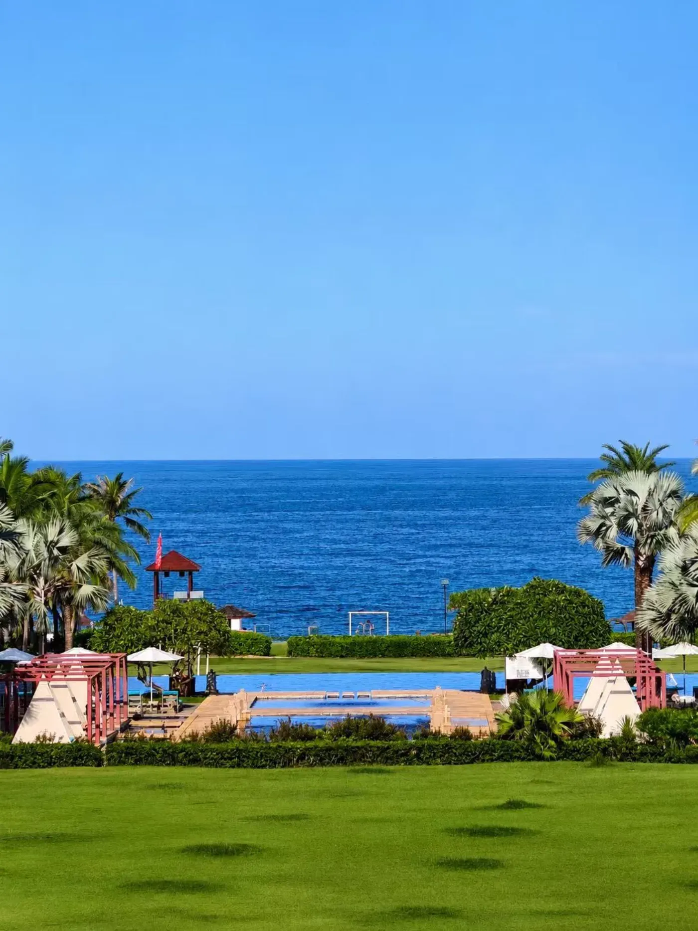 A resort pool framed by palm trees with the open ocean behind it, Sanya's coastline visible past the lawn