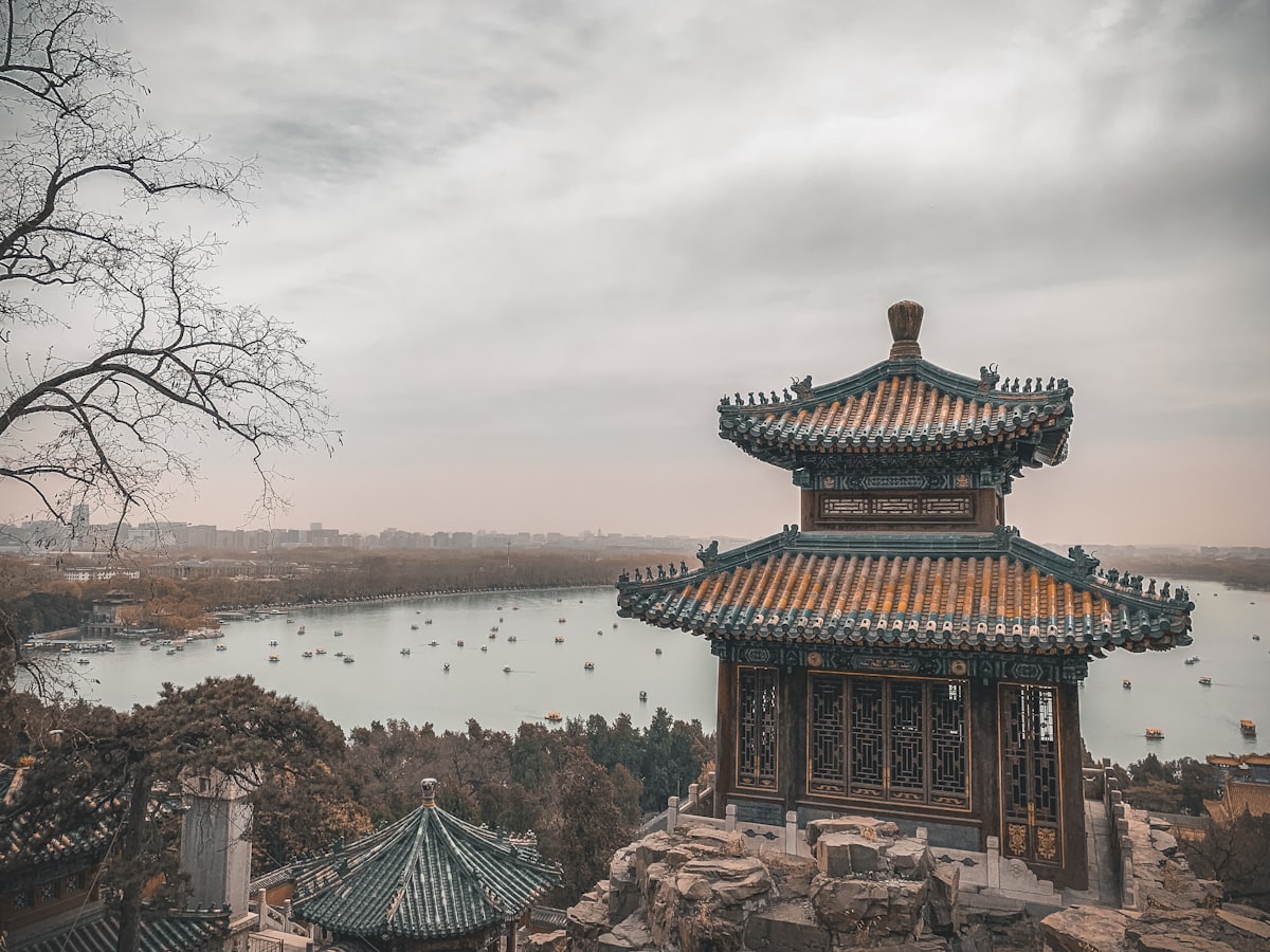 Pavilions above Kunming Lake at the Summer Palace, boats scattered across the water