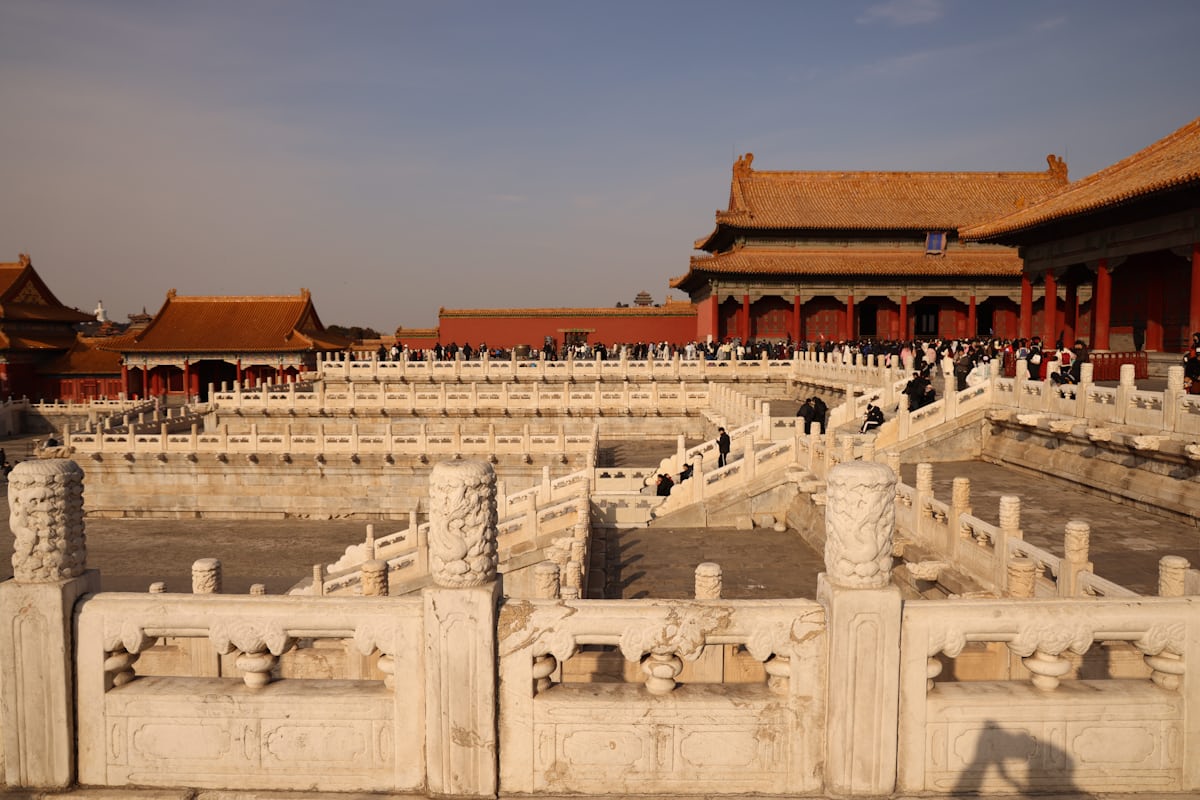Crowds inside the Forbidden City's courtyards — tickets release 7 days ahead at 20:00 and sell out fast